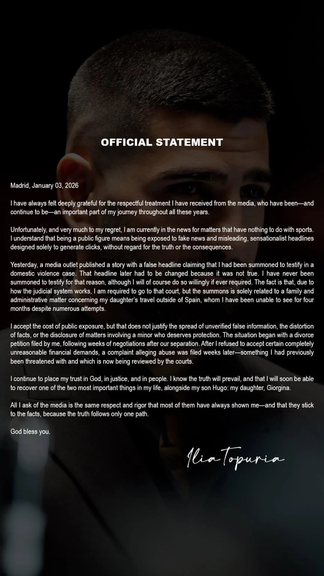 Ilia Topuria Official Statement about his wife and divorce.