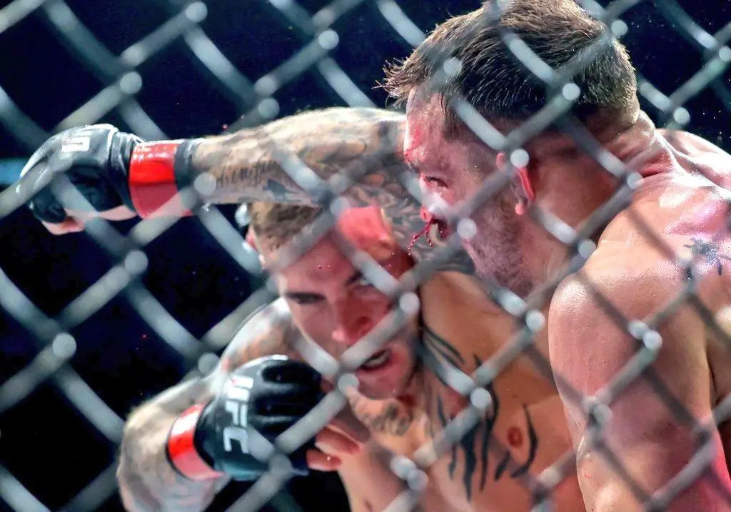 El peleador estadounidense de MMA Dustin Poirier golopeando en el rostro a su contrincante en un combate de UFC